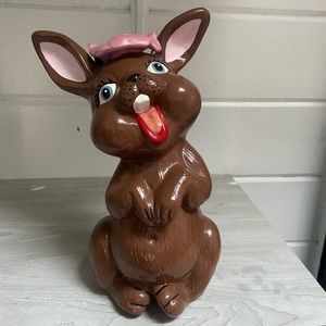 Vintage Brown Chocolate Ceramic Decorative Easter Bunny Rabbit with Flower GUC